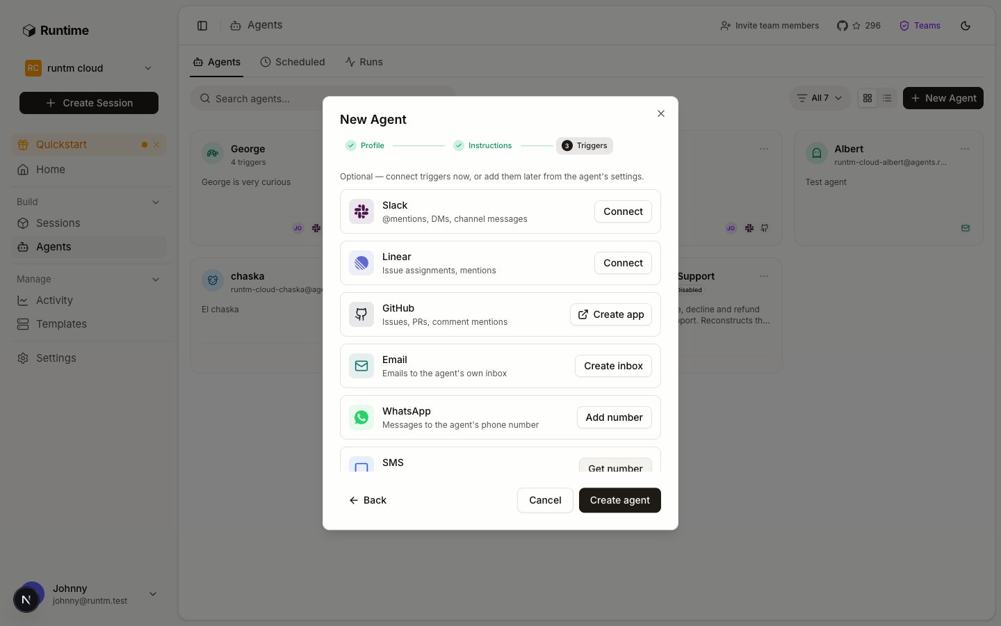 New Agent dialog, Triggers step, listing Slack, Linear, GitHub, Email, WhatsApp, SMS and Voice rows