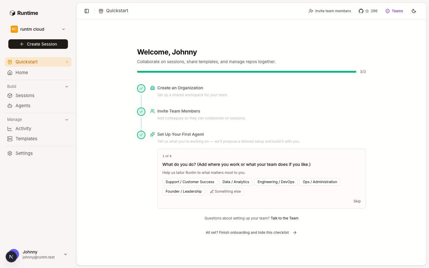 Quickstart page showing the three onboarding steps