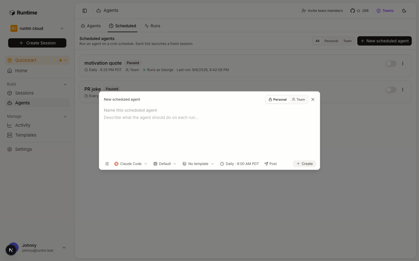 Scheduled agents tab with a new schedule dialog open