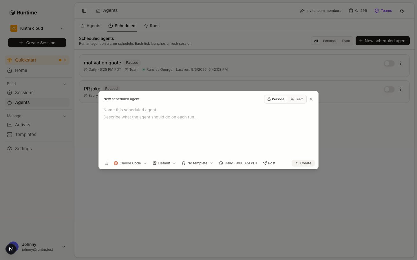 New scheduled agent dialog with prompt, run-as mode, schedule popover and post target