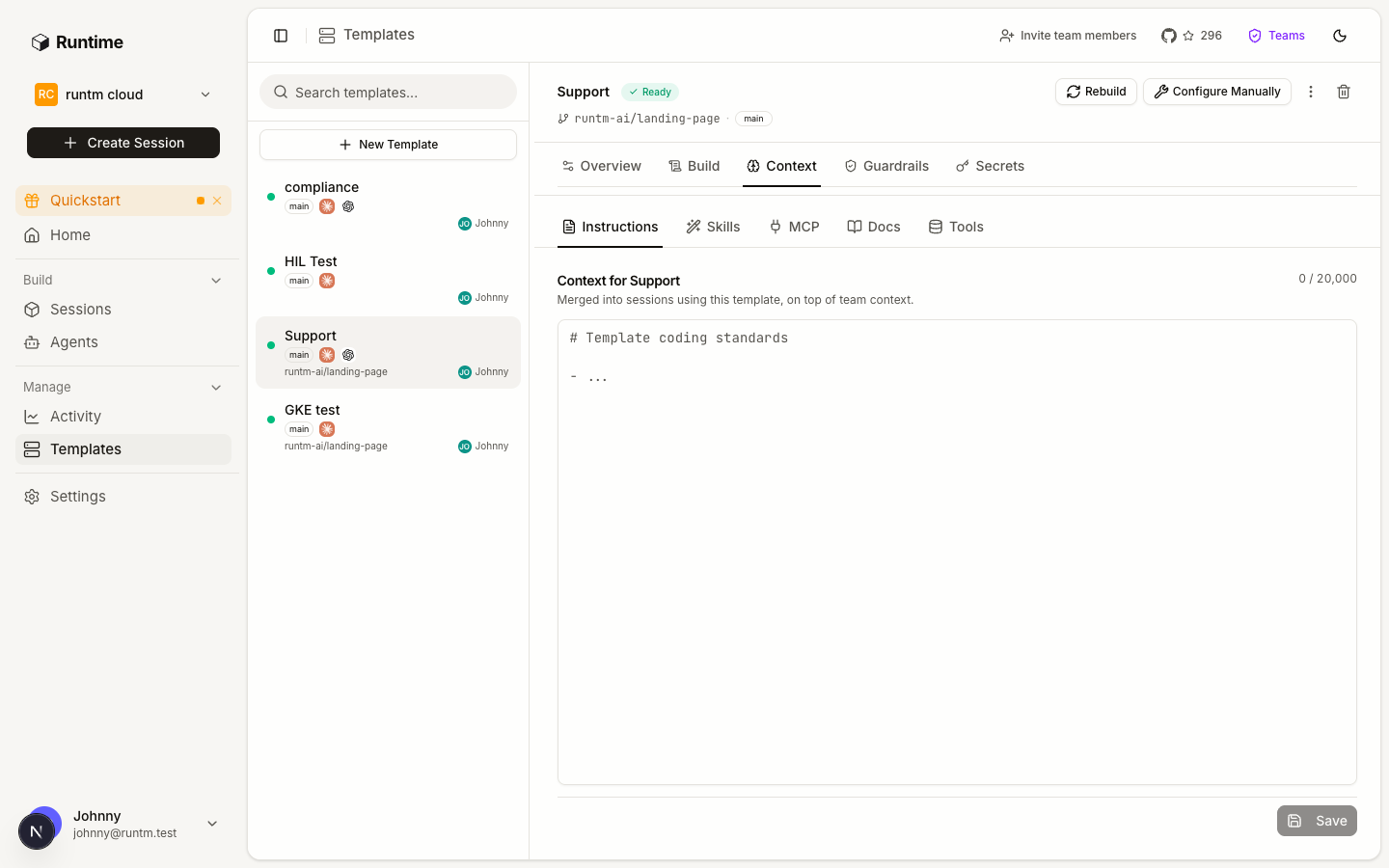 Template editor Context tab showing inherited org skills