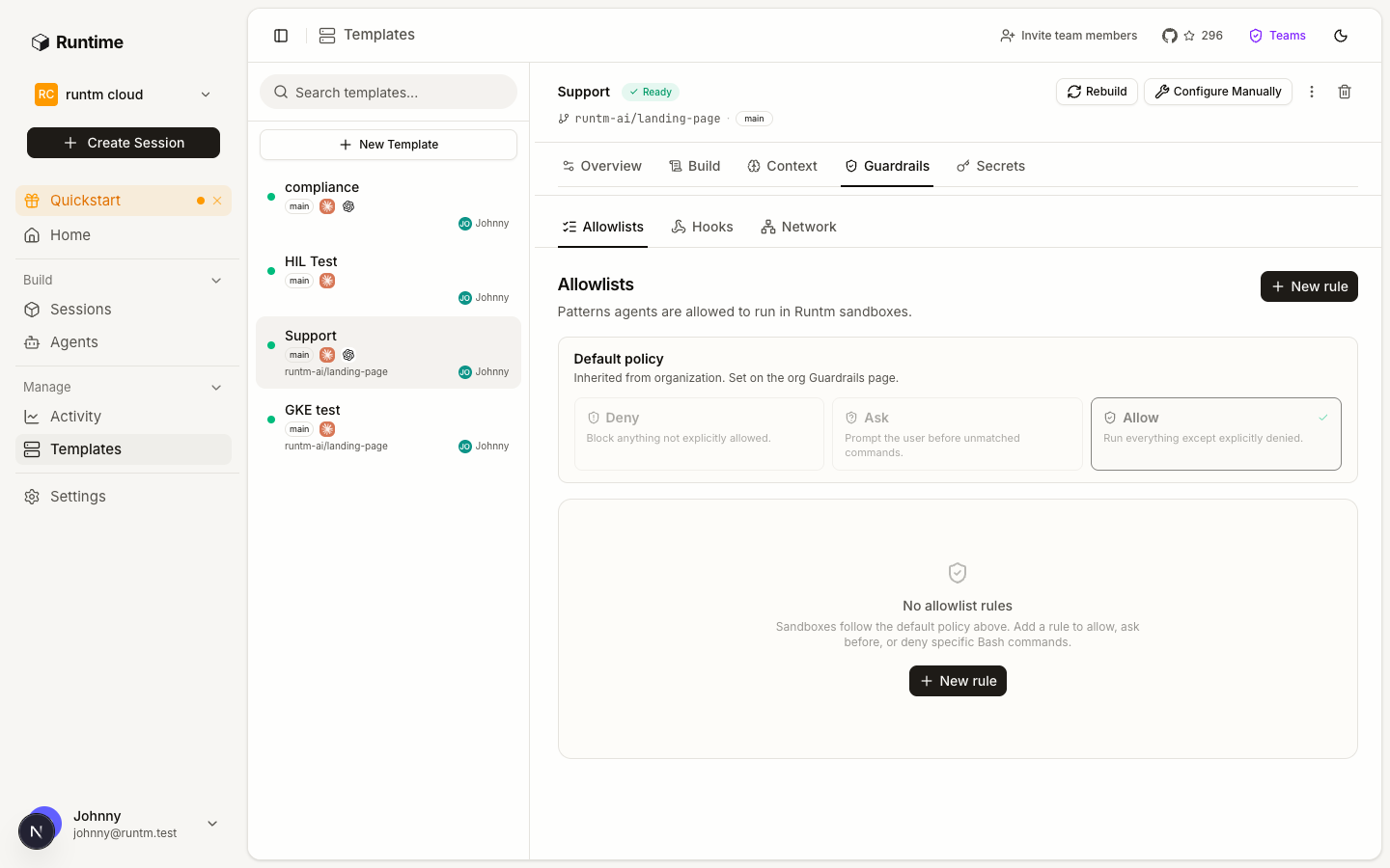 Template editor, Guardrails tab, with Allowlists, Hooks and Network sub-tabs