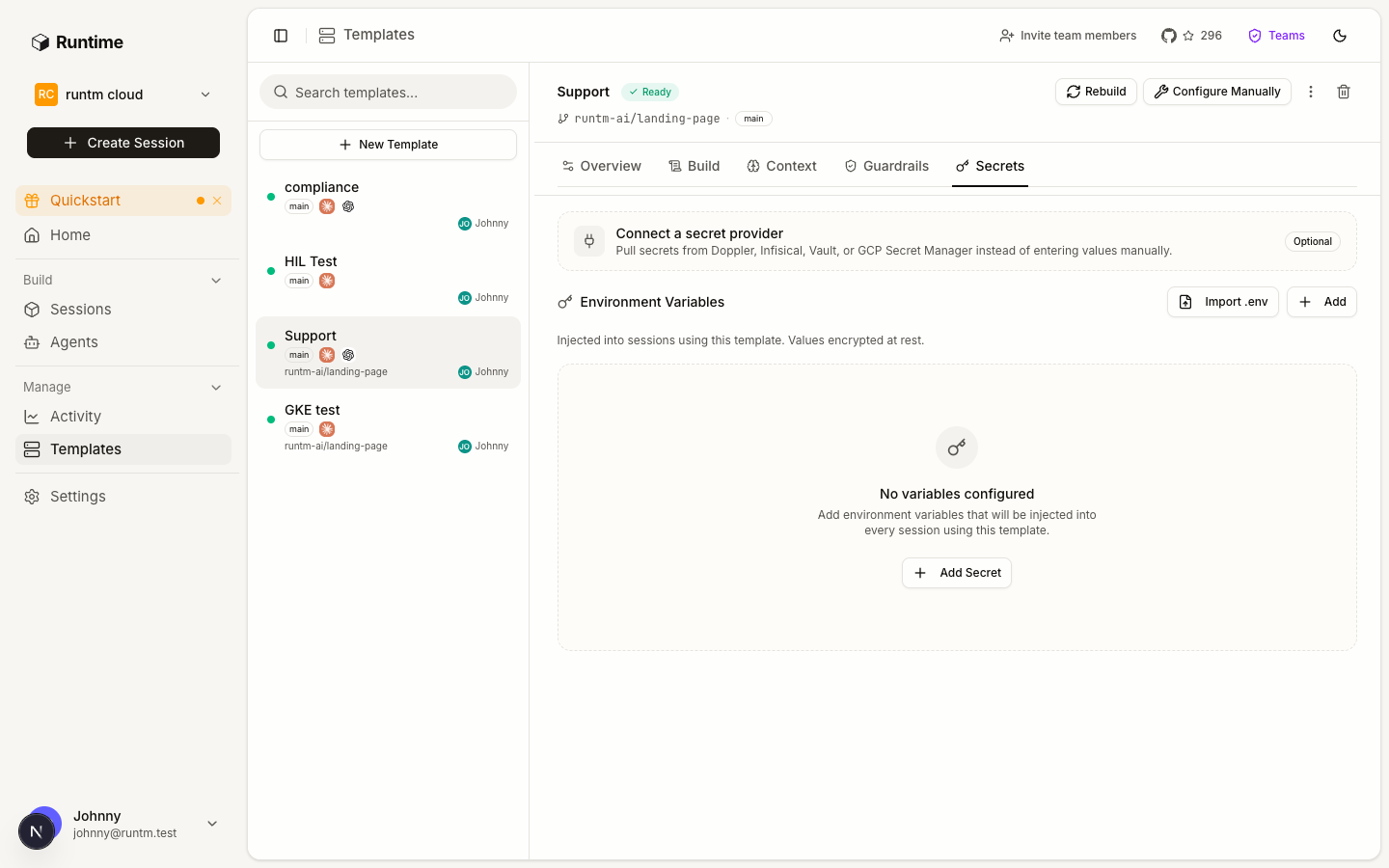 Template editor Secrets tab with environment variables