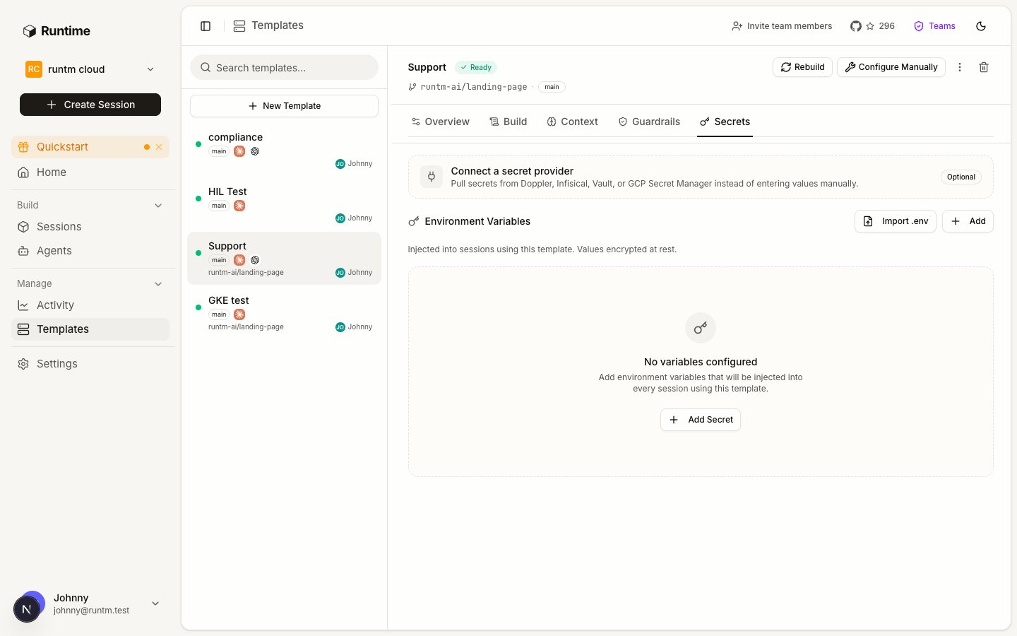 Template editor Secrets tab with environment variables