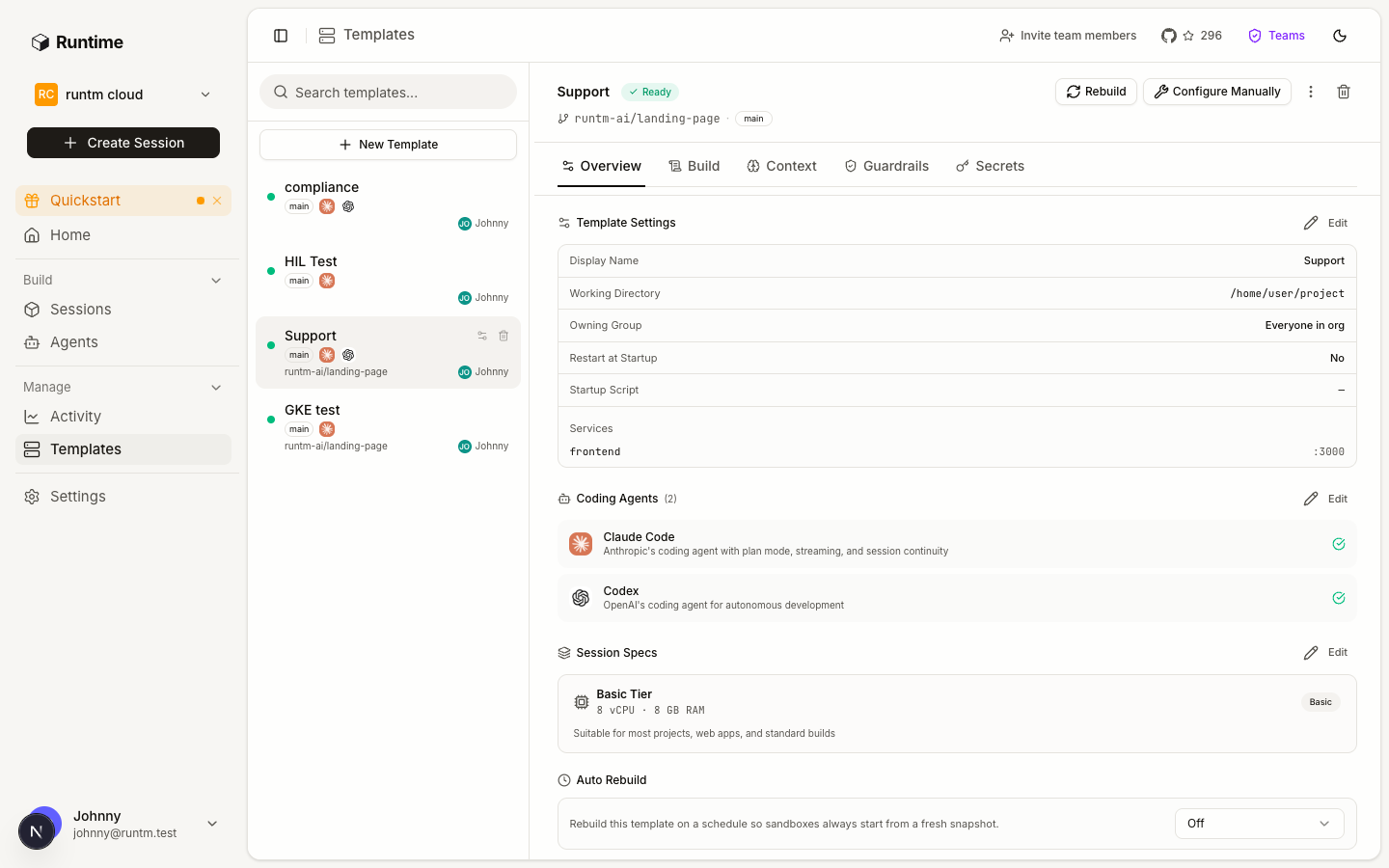 Template editor Overview tab for the Support template