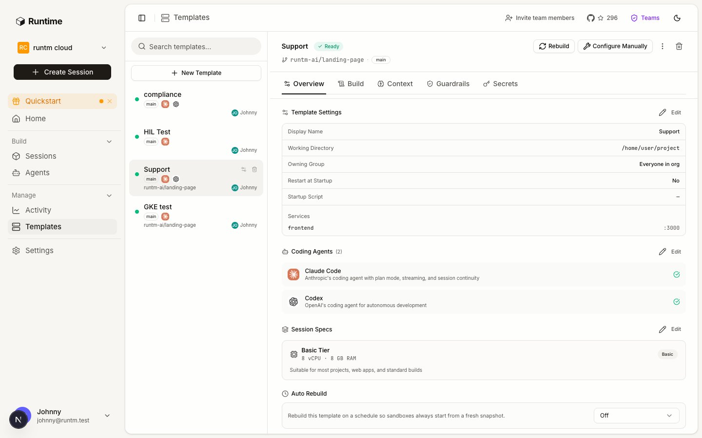 Template editor Overview tab for the Support template