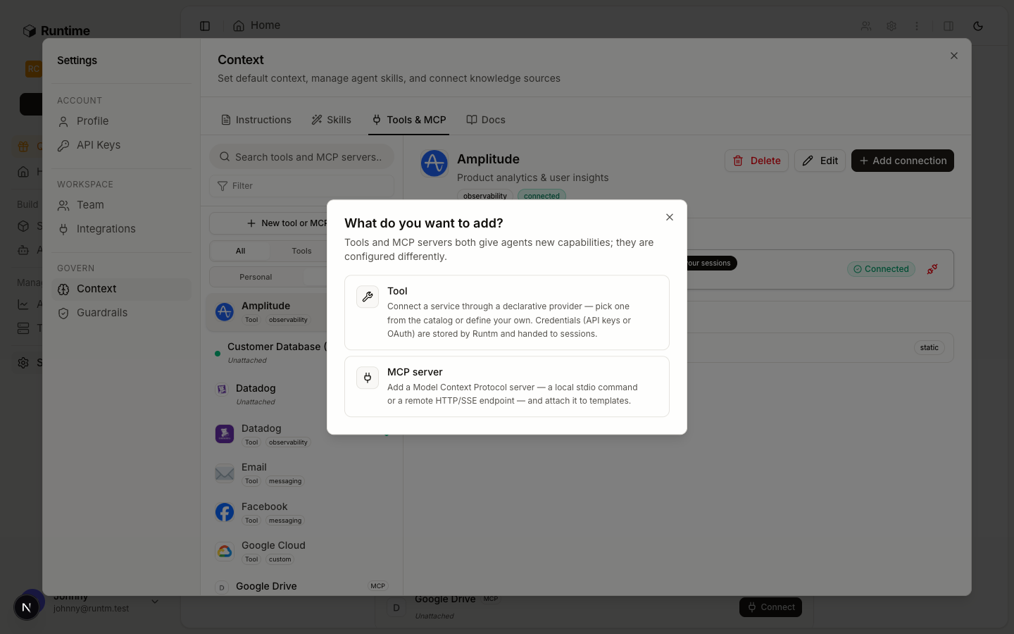 Dialog asking what to add, with Tool and MCP server options