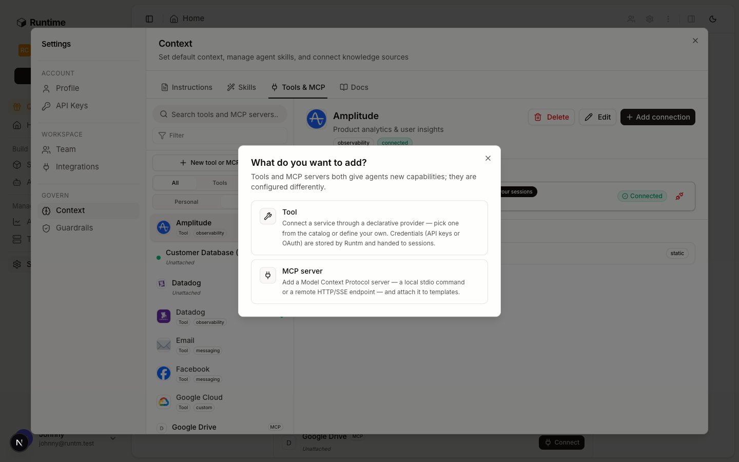 Dialog asking what to add, with Tool and MCP server options
