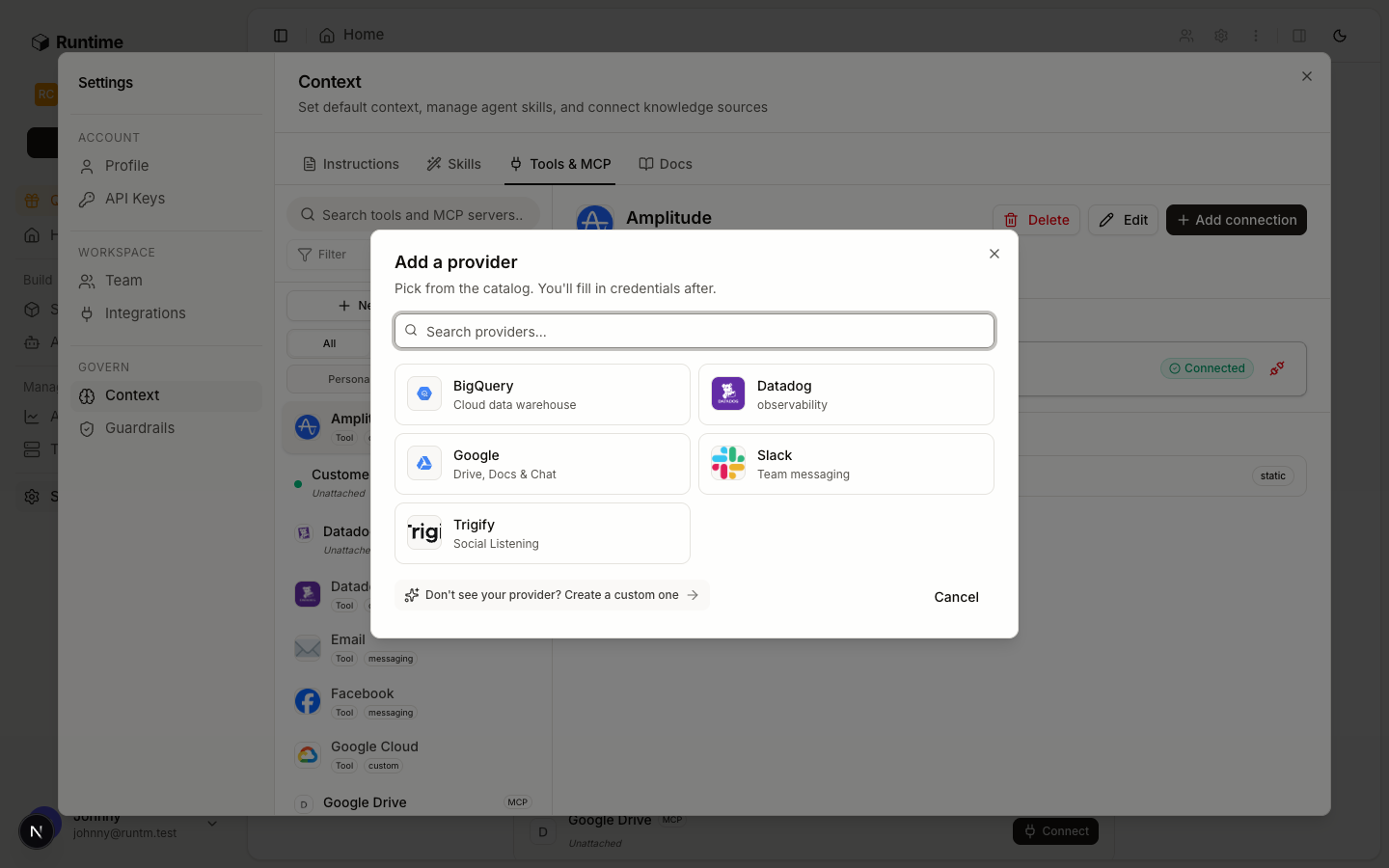 Add a provider dialog showing the built-in provider catalog