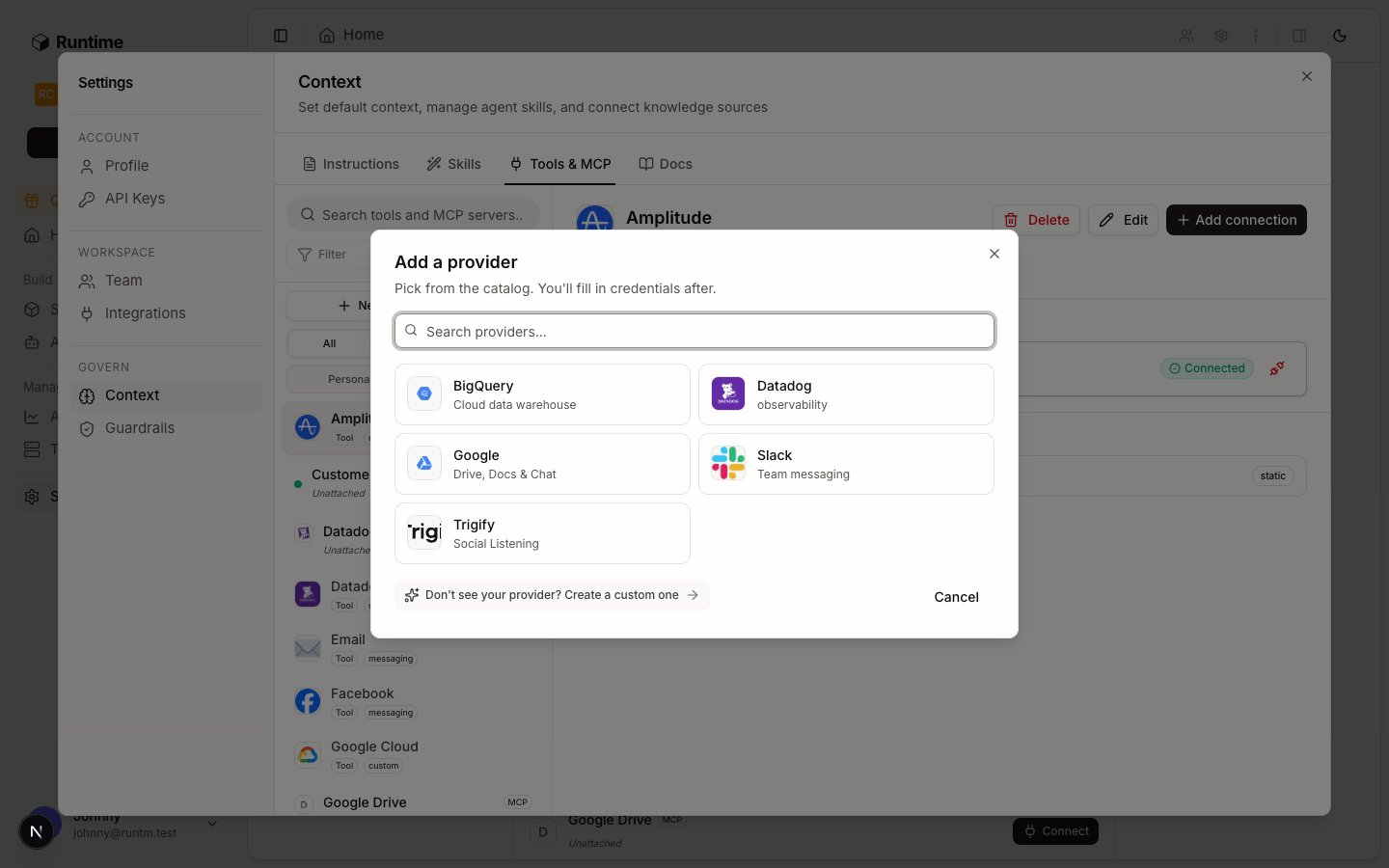 Add a provider dialog showing the built-in provider catalog
