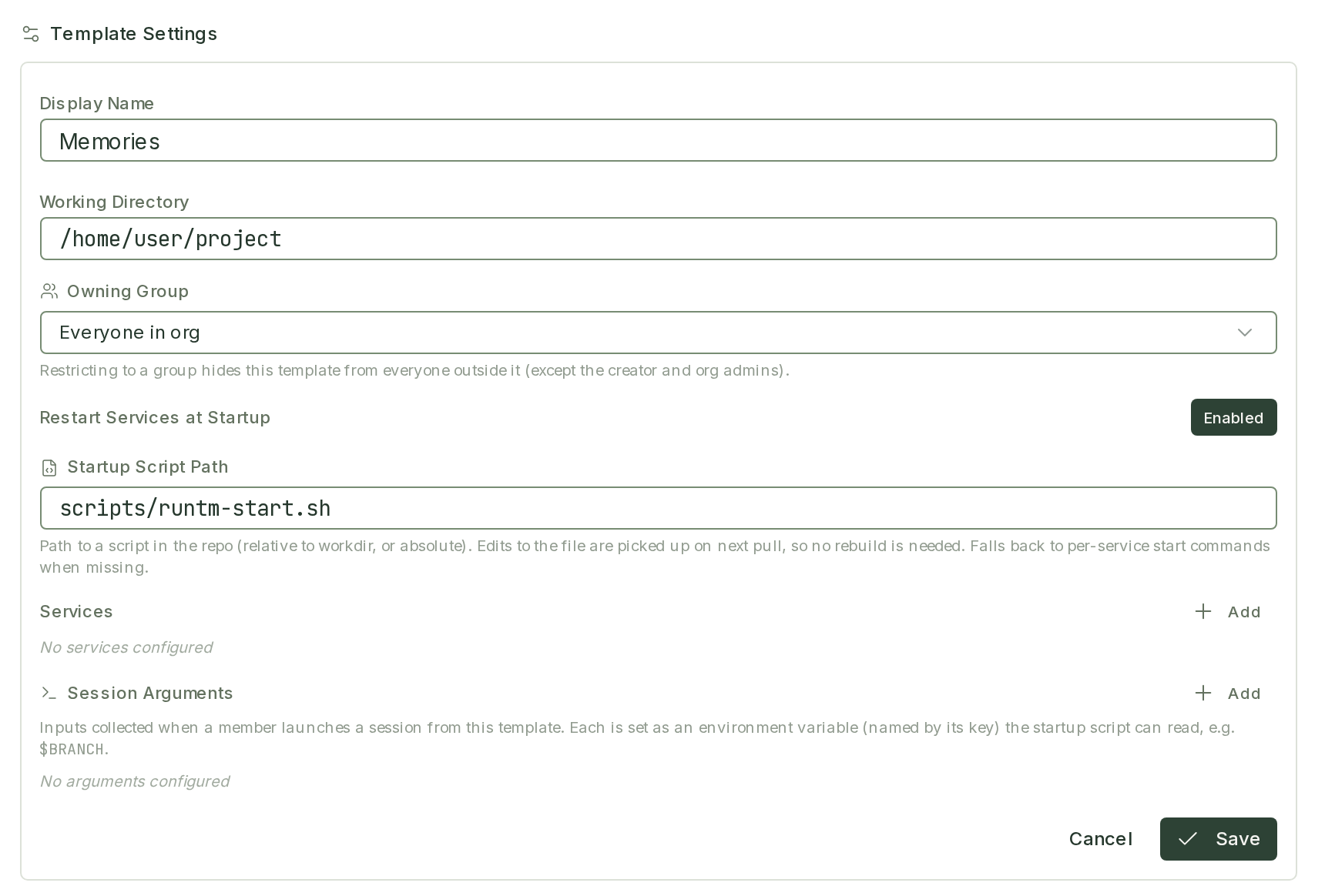Template Settings form with Restart Services at Startup enabled and Startup Script Path set to scripts/runtm-start.sh