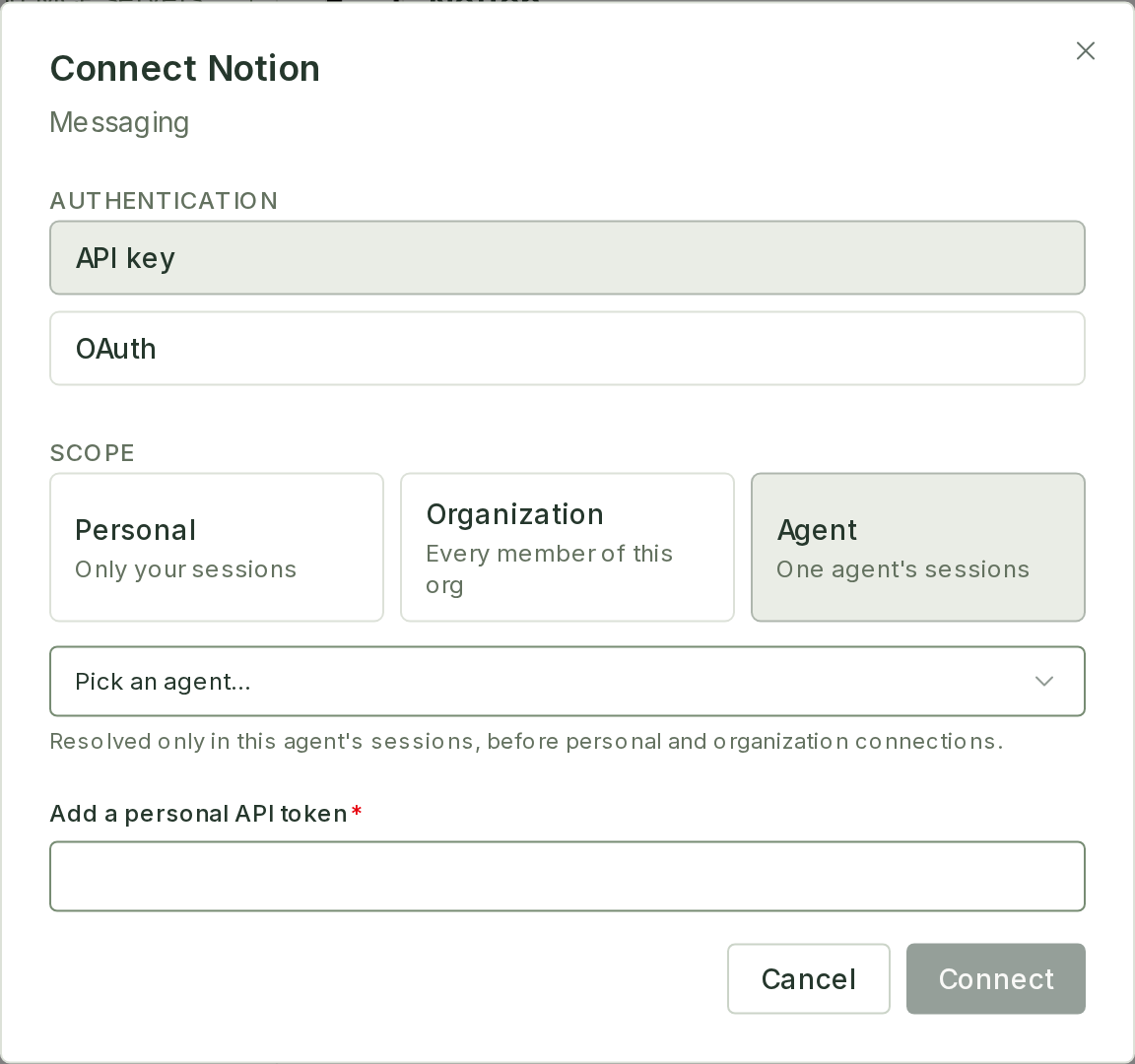 Connect Notion dialog with API key authentication, Agent scope selected and an agent picker