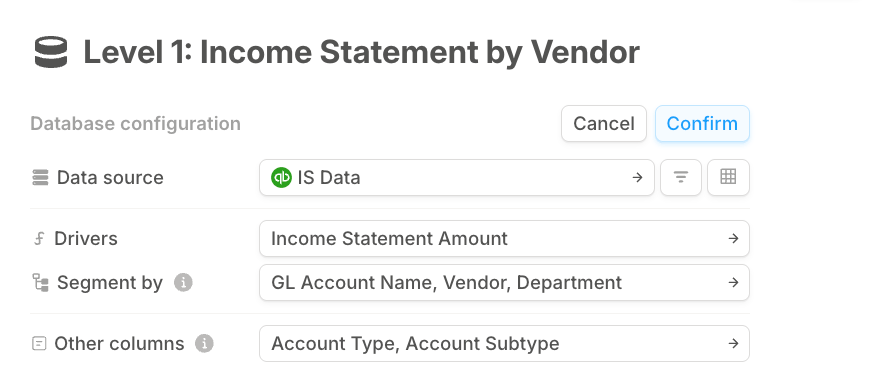Level 1 income statement database configuration