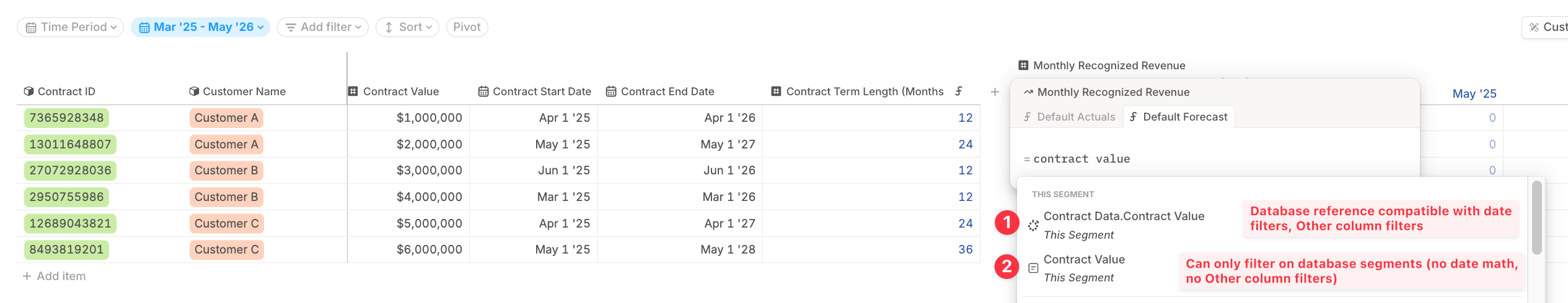 Contract value database reference in the formula editor