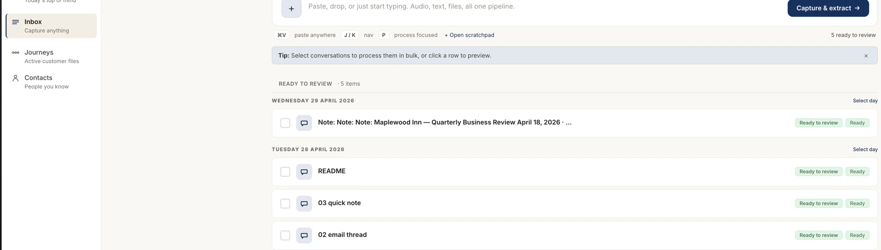 The Inbox showing a ready-for-review item with its extracted title and journey match