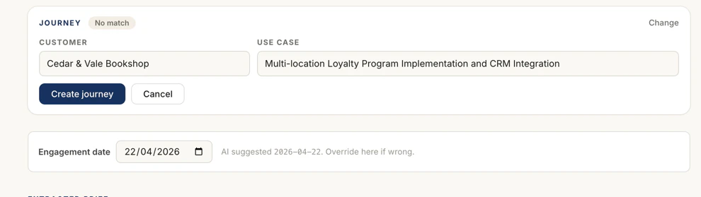 Journey page with the newly-saved engagement at the top of the timeline