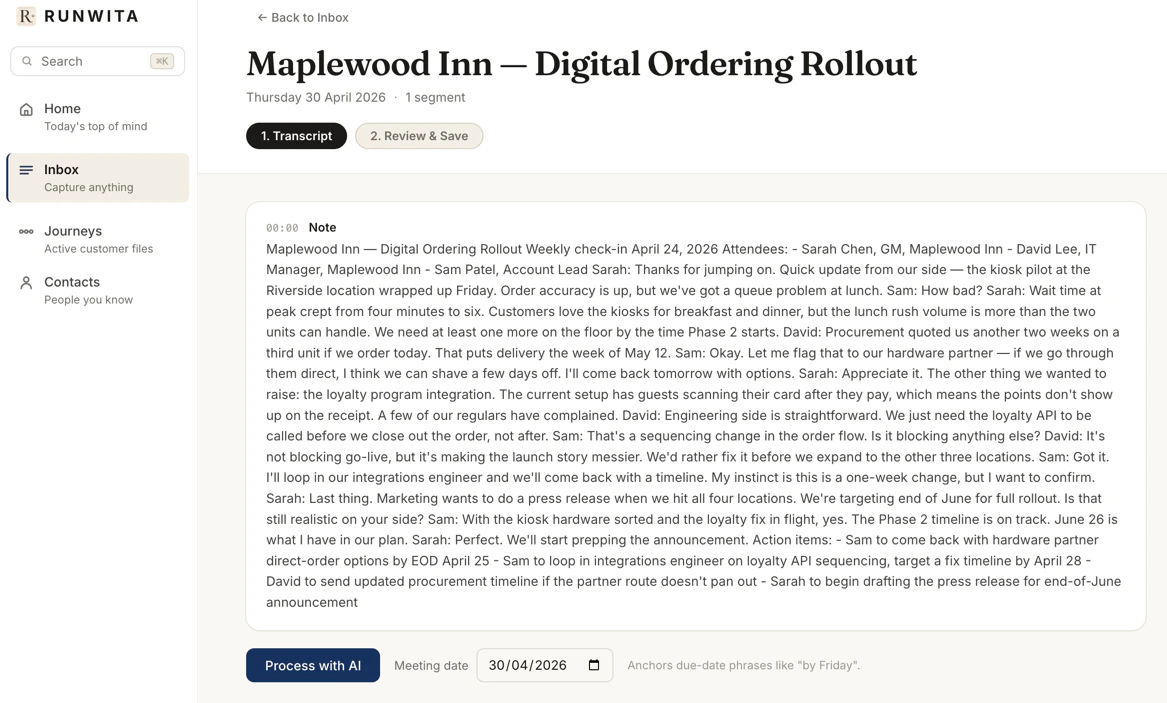 The Process with AI screen with the engagement date editor visible