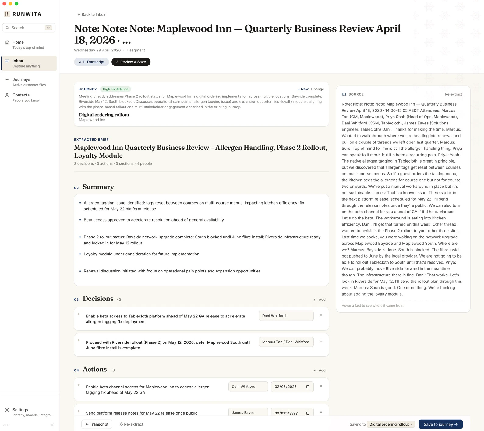 Review & Save with the journey picker, engagement date editor, and the extracted brief