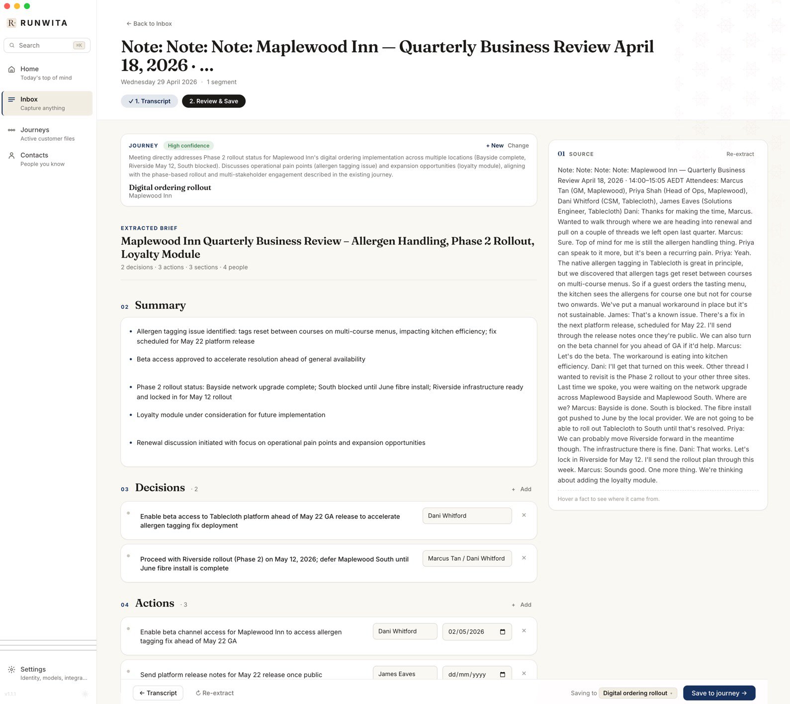 Review screen showing the AI's new-journey suggestion with pre-filled customer and use case