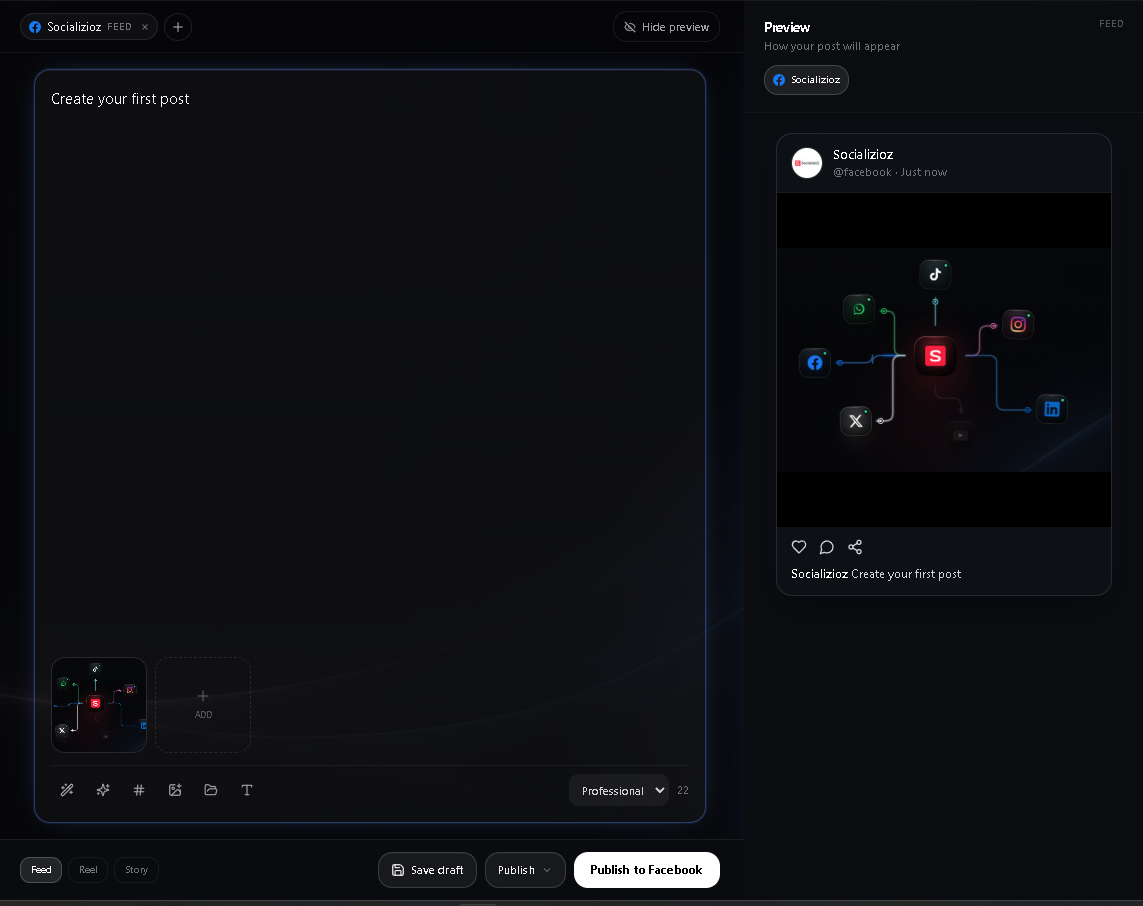 Socializioz Composer with destinations, media, preview, and publish controls