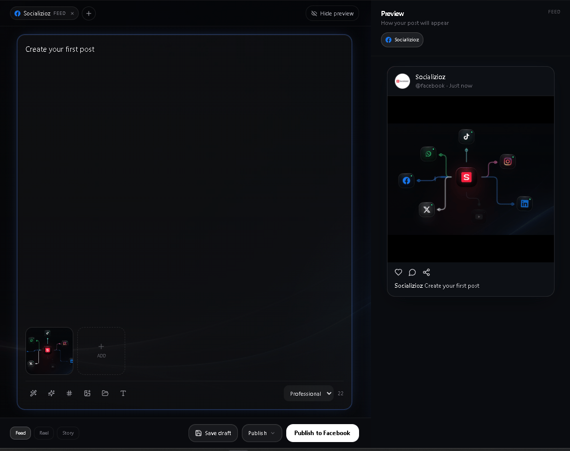 Socializioz Composer Socializioz Composer with destinations, media, preview, and publish controls