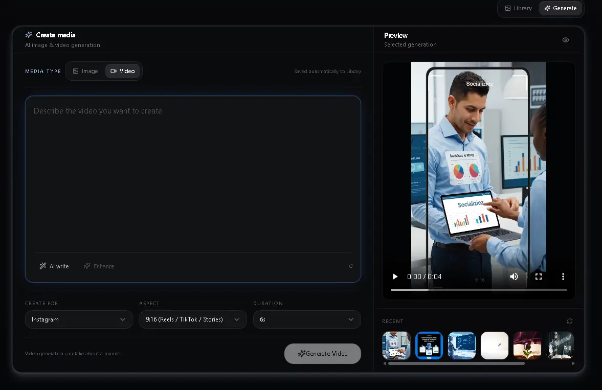 Socializioz AI media generation workspace with preview