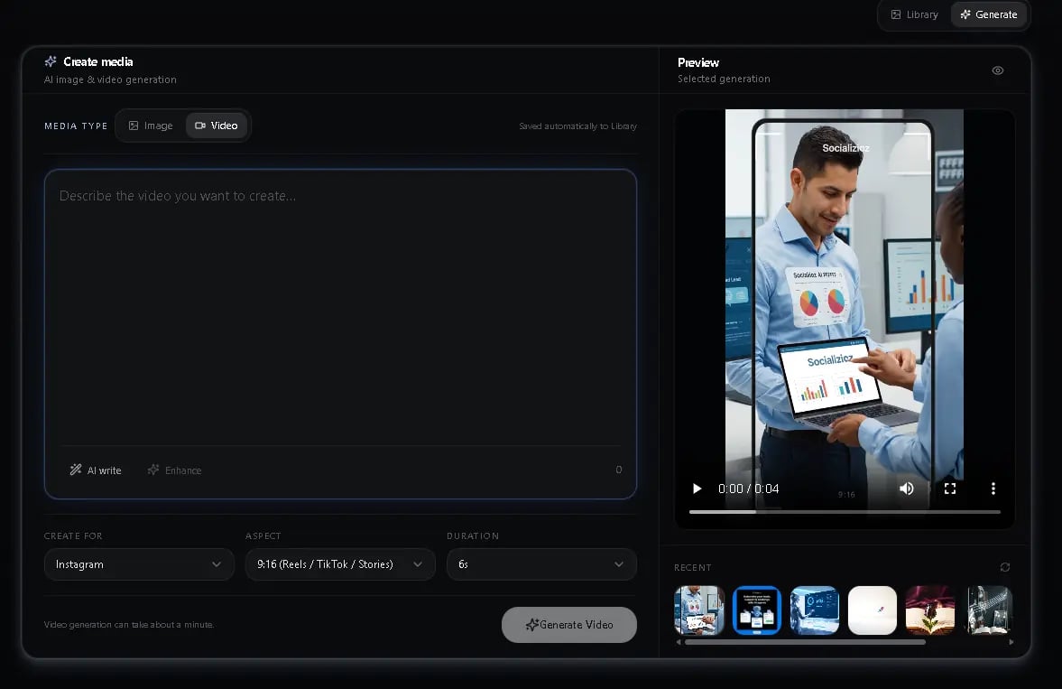Socializioz AI media generation Socializioz AI media generation workspace with preview