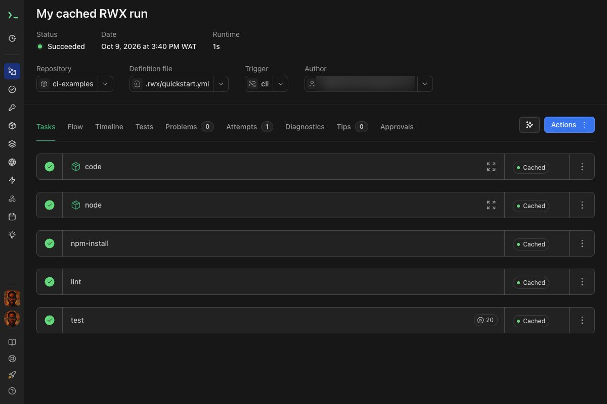 Succeeded rerun showing Cached beside all five tasks