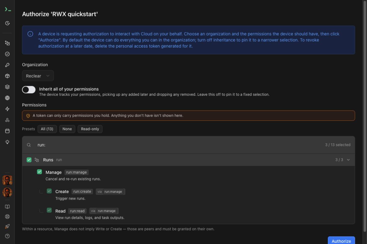 CLI authorization with inheritance off and only the three Runs permissions selected