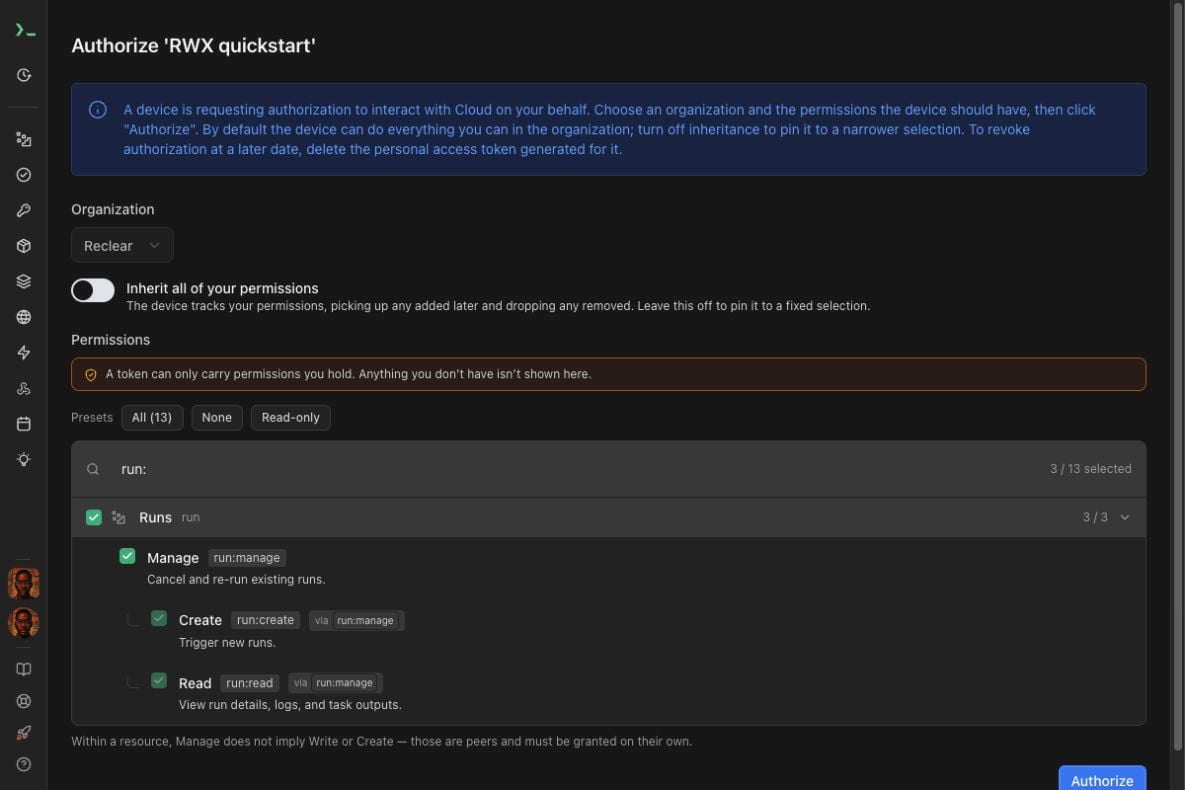 CLI authorization with inheritance off and only the three Runs permissions selected