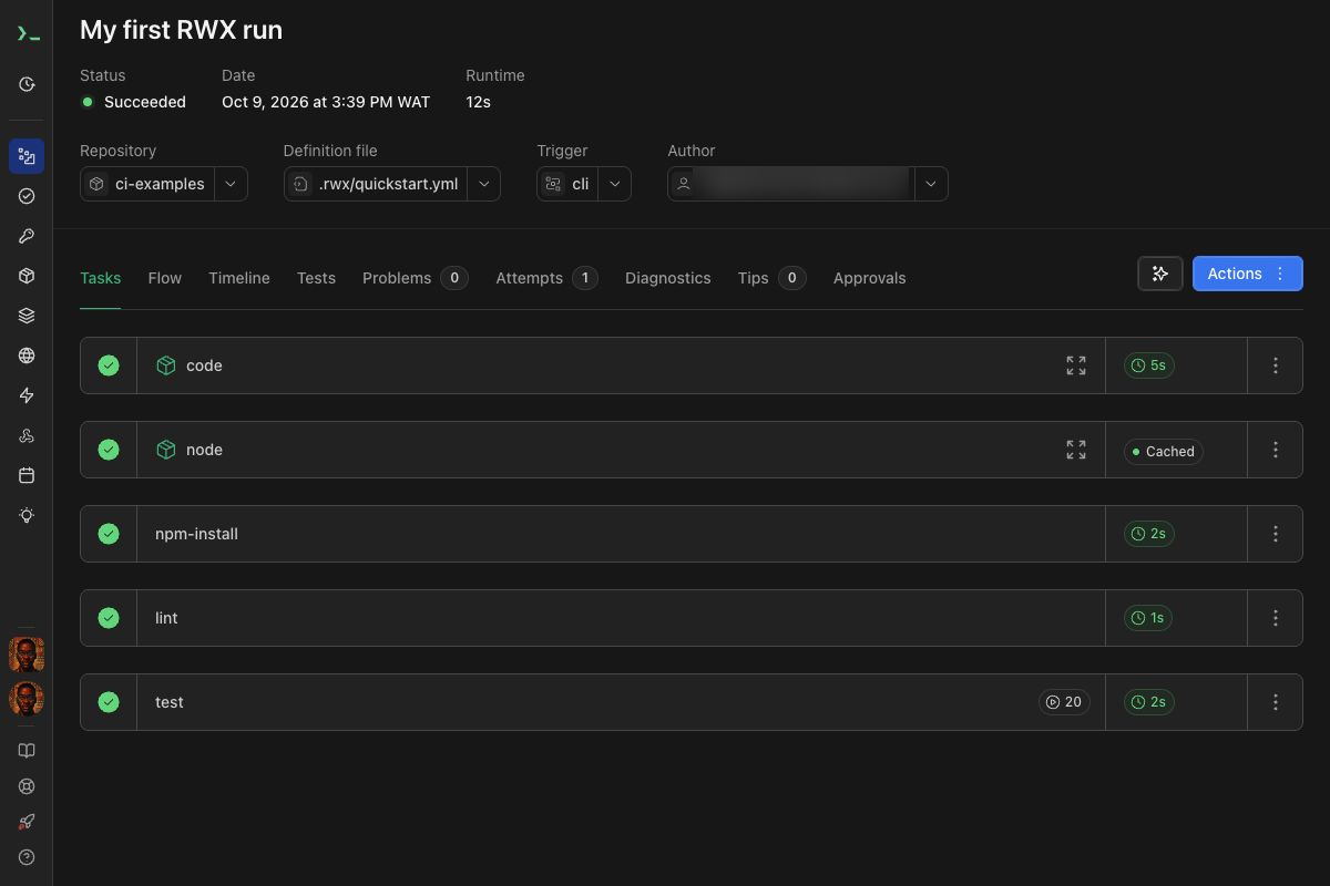 Succeeded run showing the code, node, npm-install, lint, and test tasks