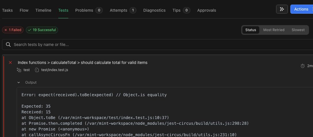 Failed test showing the expected total of 35 and actual total of 15