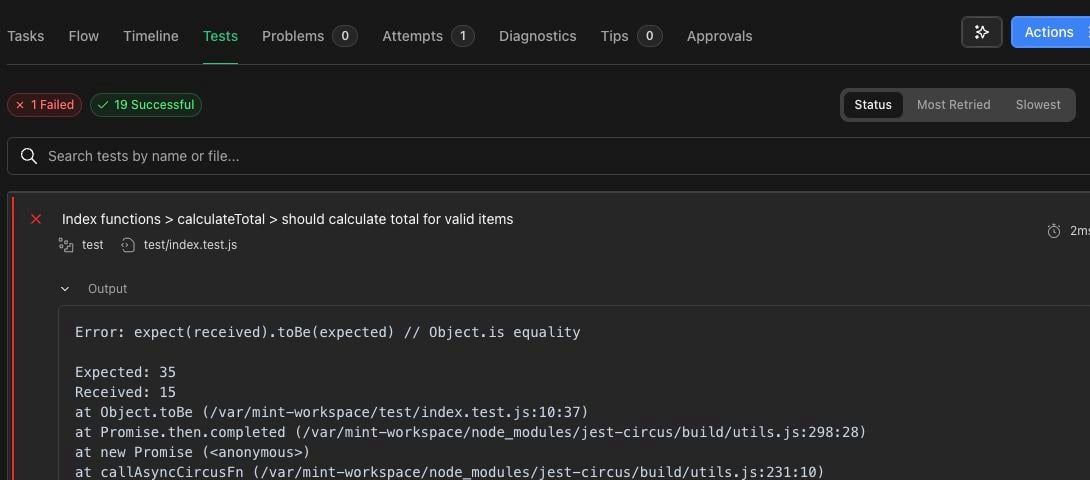 Failed test showing the expected total of 35 and actual total of 15