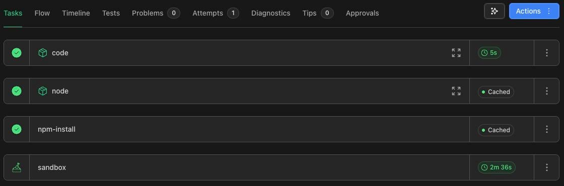 Sandbox definition with code, node, npm-install, and sandbox tasks