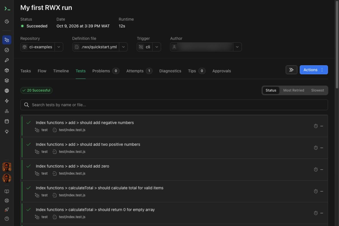 Tests tab showing 20 successful tests and individual passing results