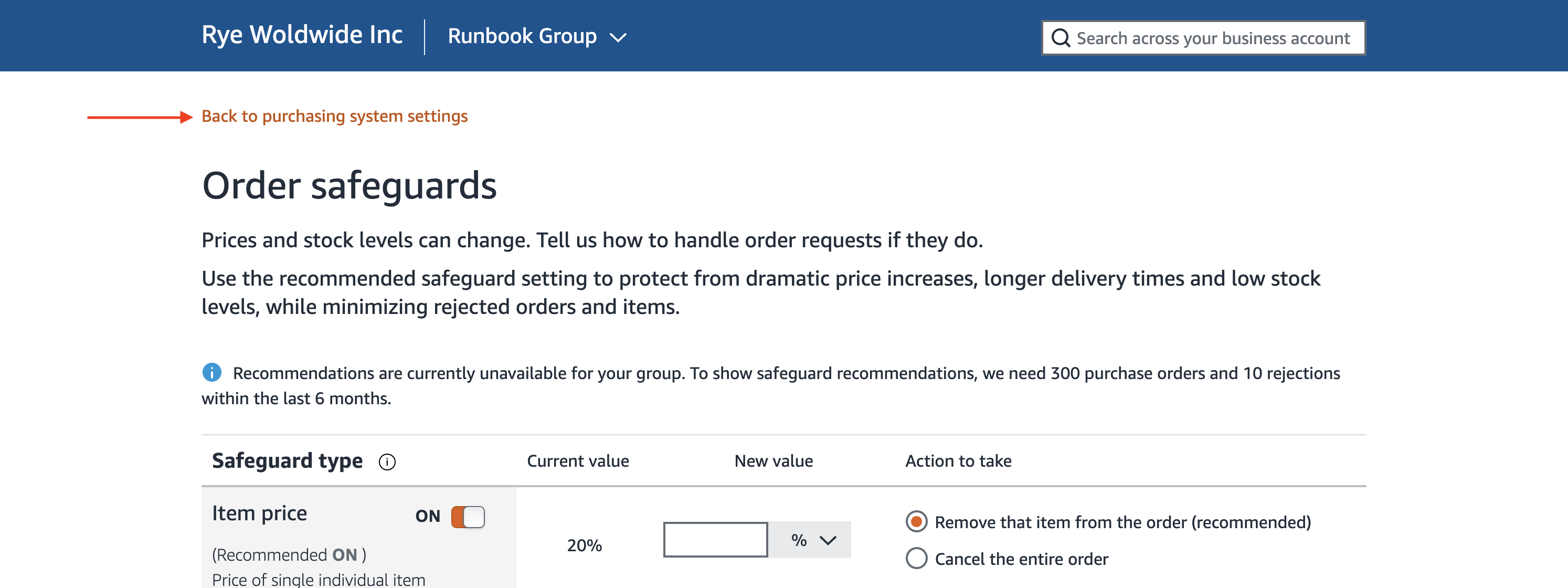 Back to purchasing system settings