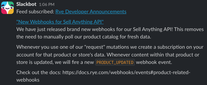 Example RSS update inside Slack