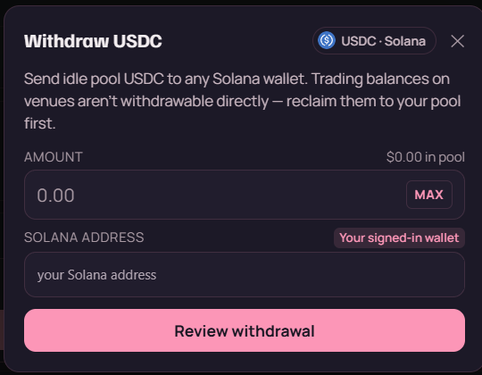 ryft Withdraw USDC dialog showing an amount field with a MAX button, a Solana destination address field defaulting to the signed-in wallet, and a Review withdrawal button