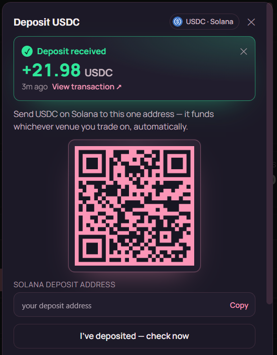 ryft Deposit USDC dialog showing a green Deposit received banner for 21.98 USDC, a QR code, the Solana deposit address field with a Copy button, and an I've deposited check now button
