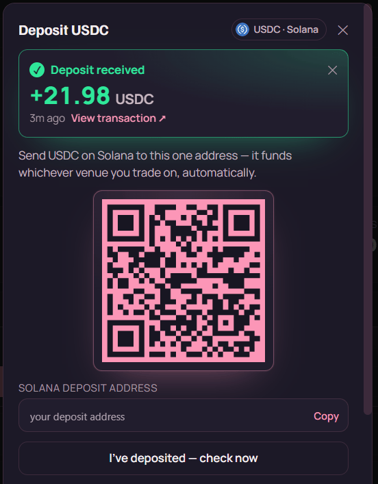 ryft Deposit USDC dialog showing a green Deposit received banner for 21.98 USDC, a QR code, the Solana deposit address field with a Copy button, and an I've deposited check now button