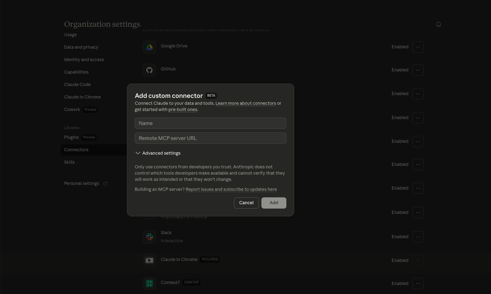 Add custom connector dialog in Claude