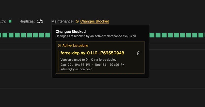 Changes Blocked popup showing an active exclusion