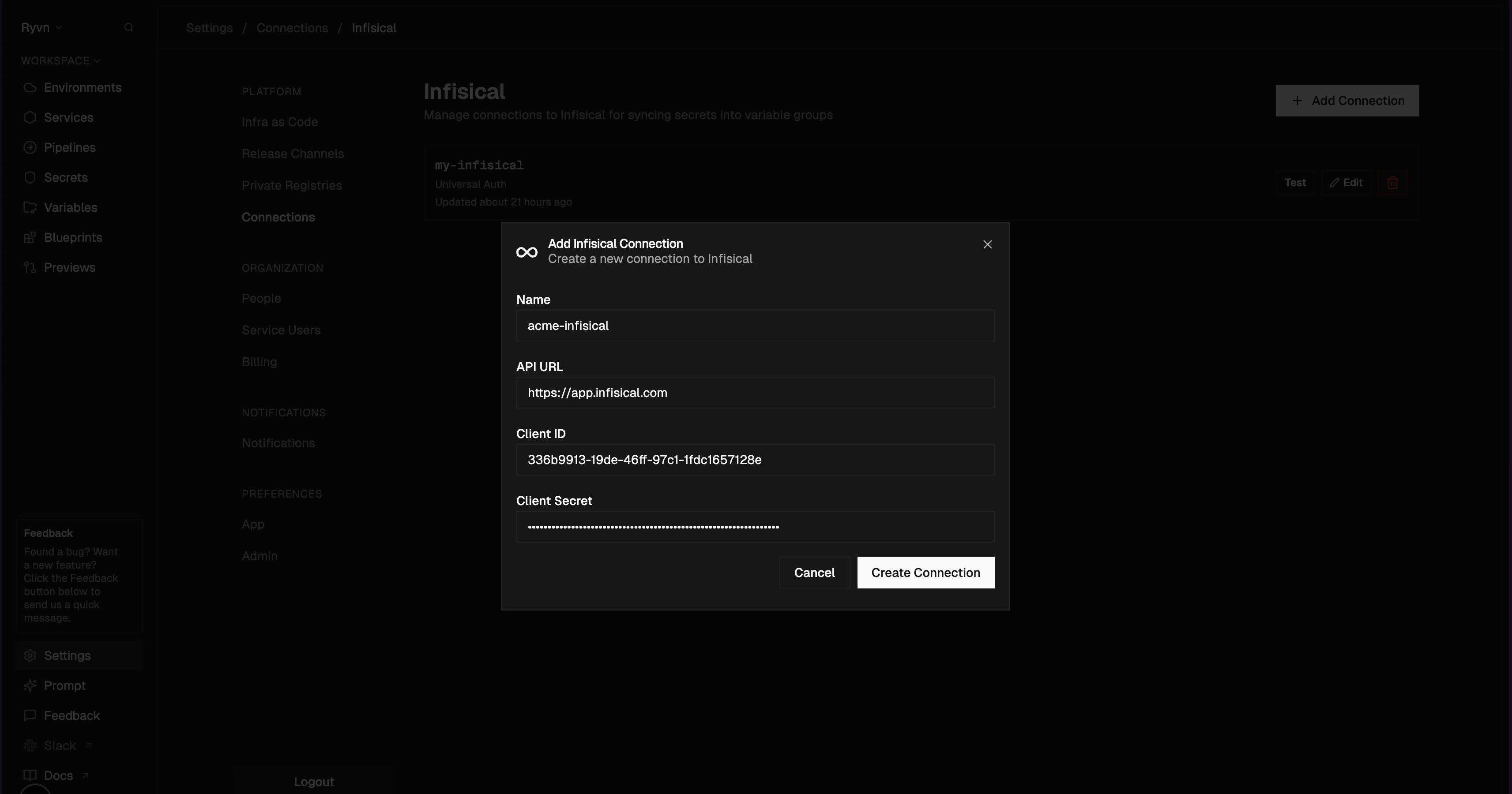 Add Infisical connection dialog in Ryvn