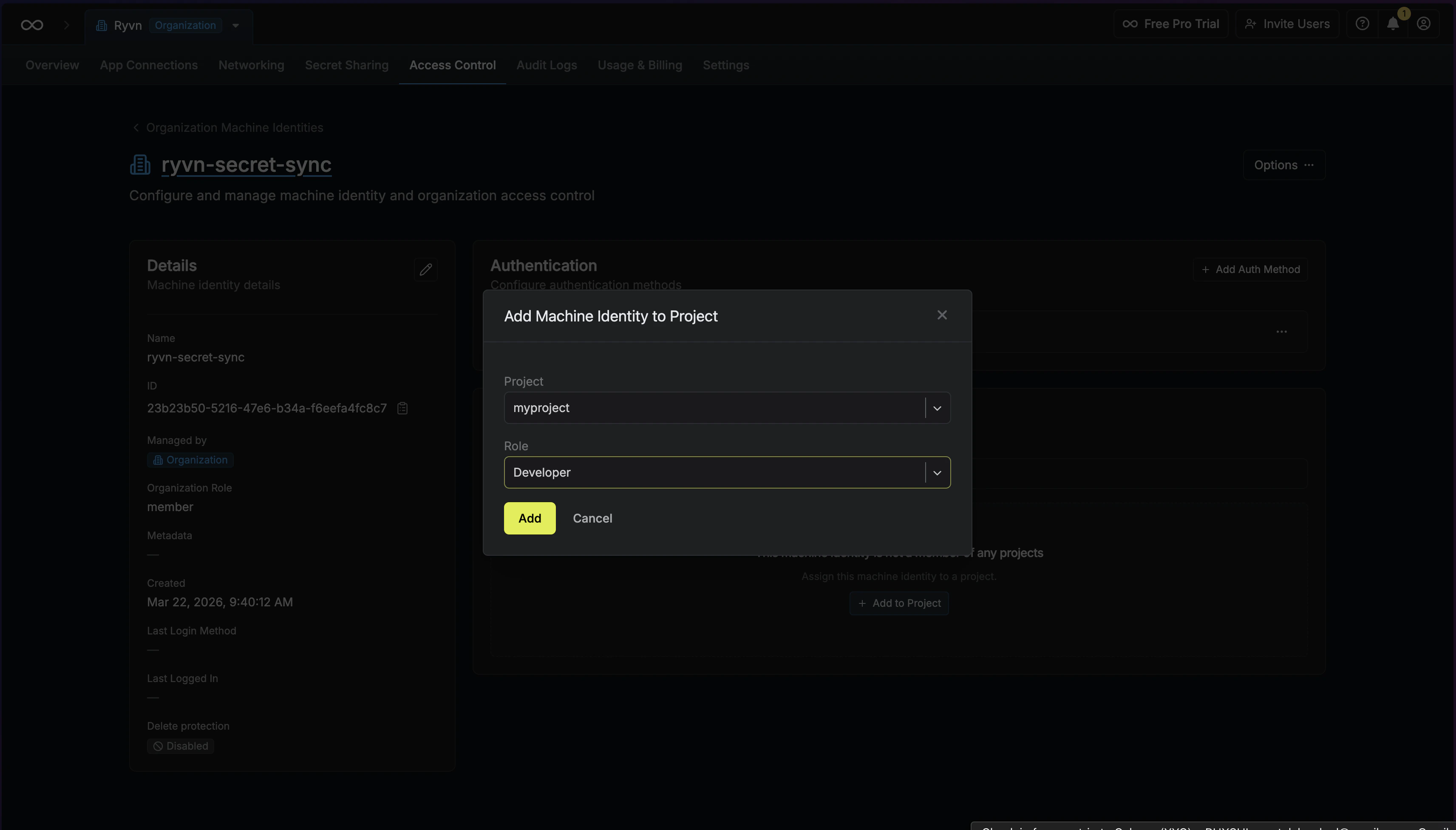 Add machine identity to project dialog