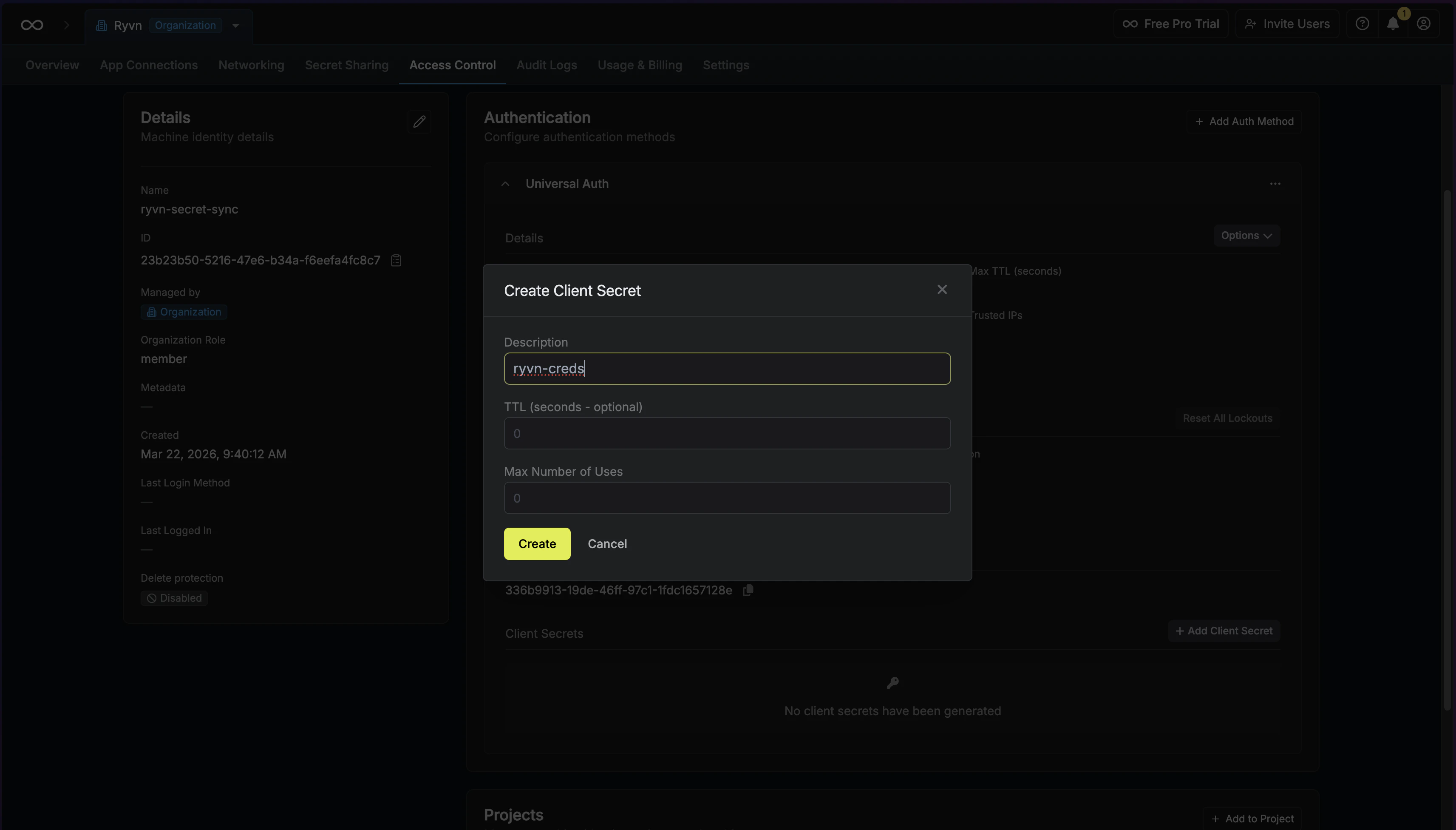 Create client secret dialog