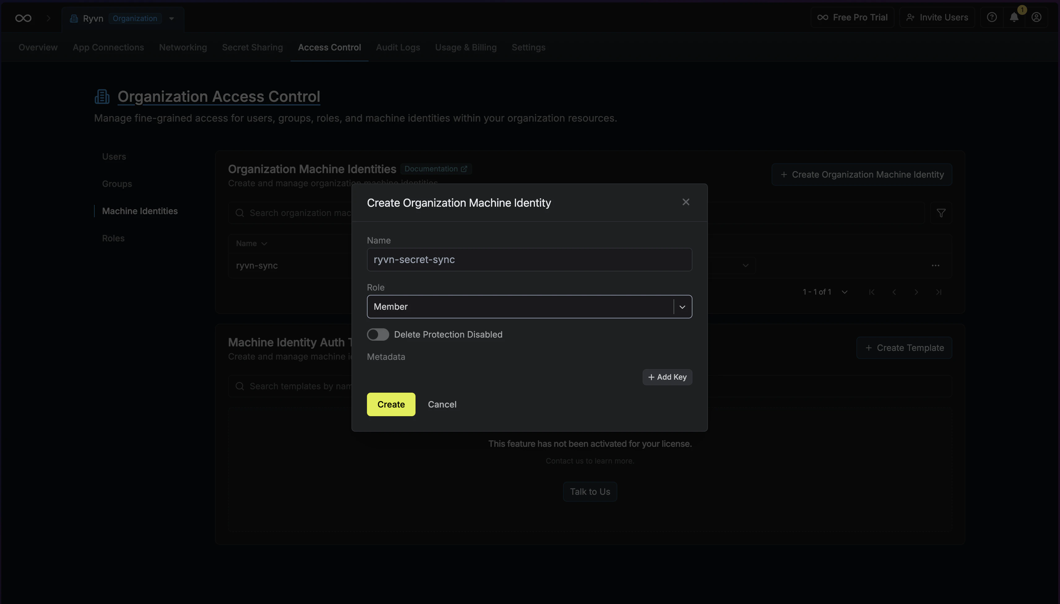 Create machine identity dialog