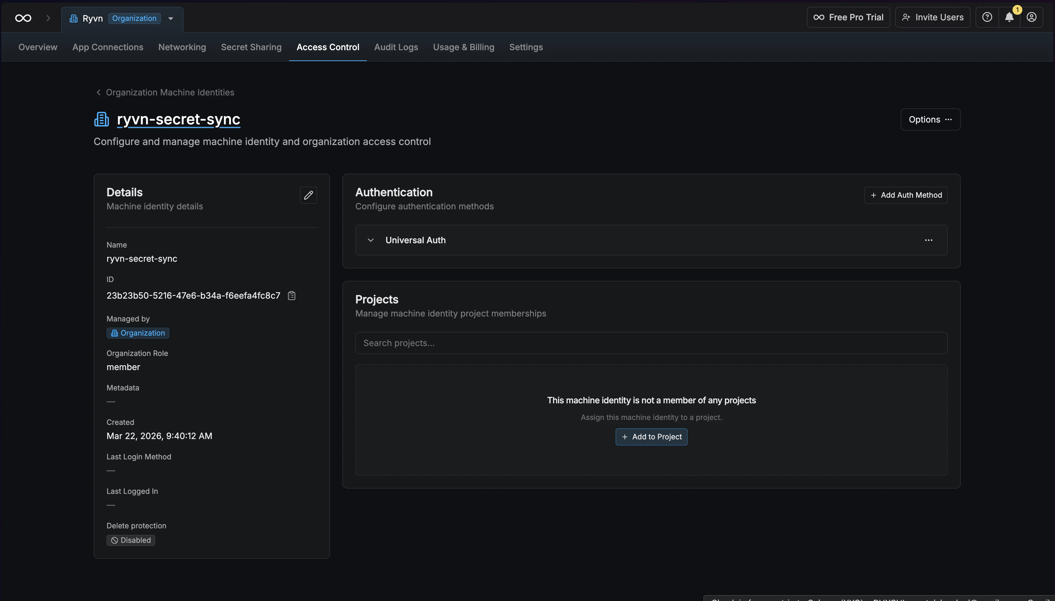 Machine identity page showing Universal Auth