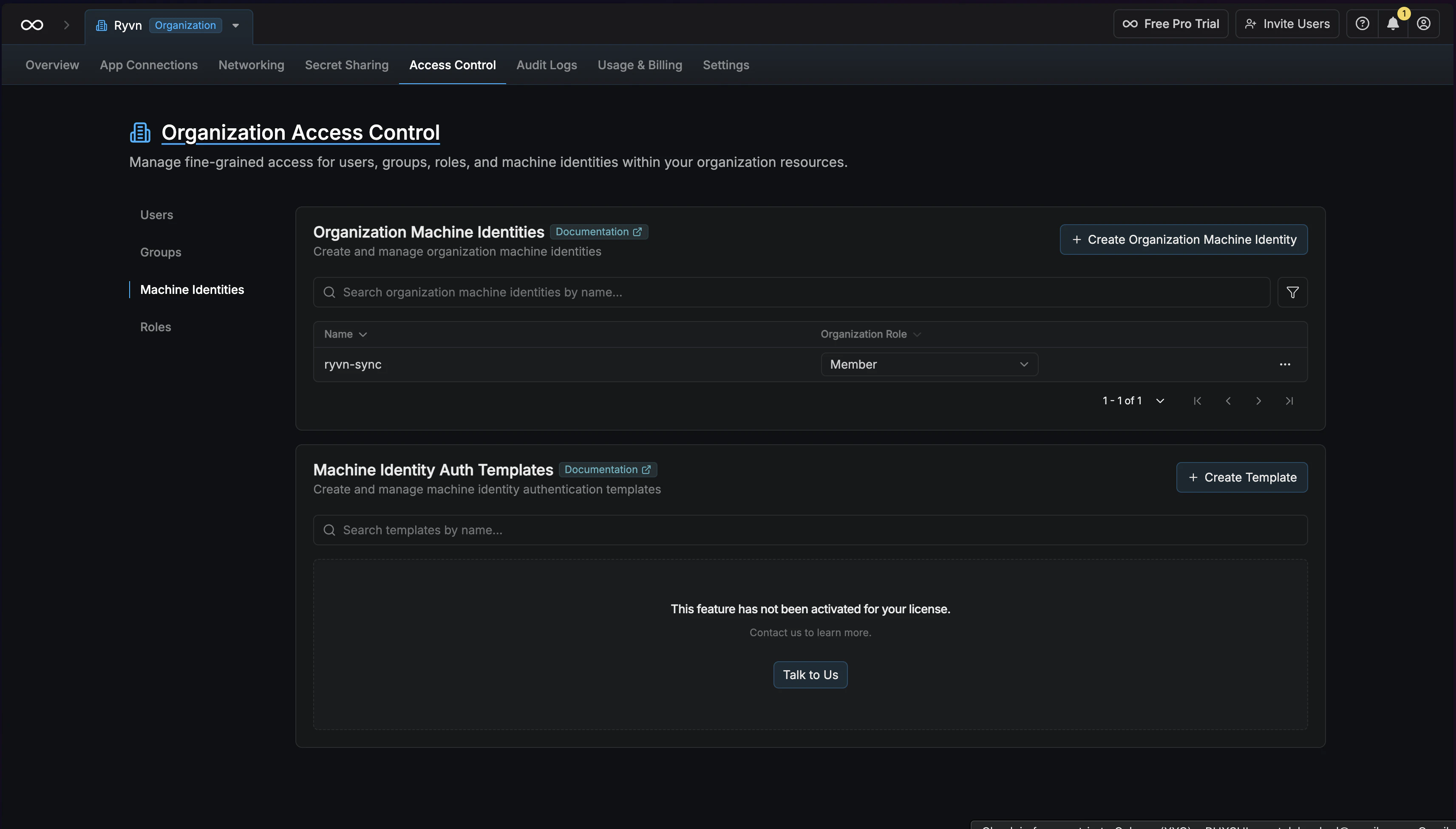 Organization settings showing Machine Identities tab
