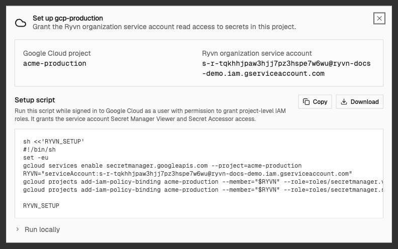 Generated GCP setup instructions showing an example organization service account and IAM grant script
