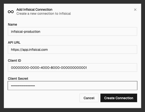 Ryvn Infisical connection form with name, API URL, client ID, and masked client secret